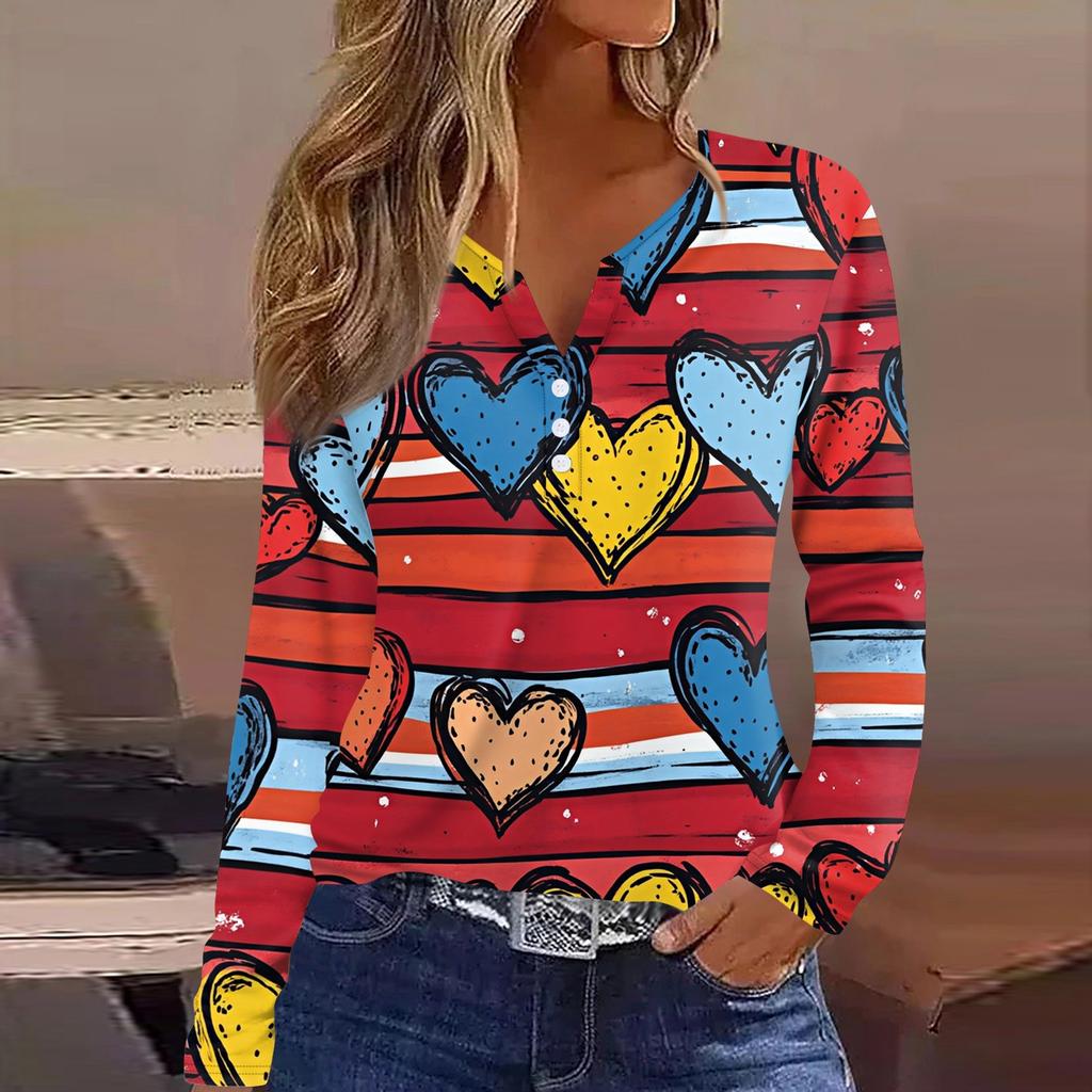 Women's T Shirt Tee Valentine's Day Printed Button Long Sleeve Tunic Daily Weekend Fashion Basic V- Neck Regular Top
