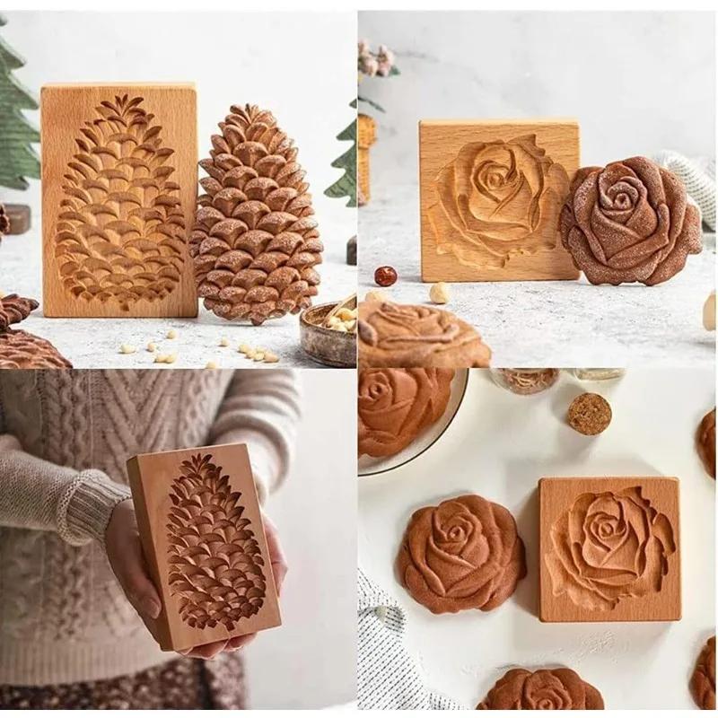 Wooden Biscuit Mold Portable Kitchen Wooden Gingerbread Cookie Molds Wood Color Rose Pine Cones Flowers Mould Baking Cake Tools