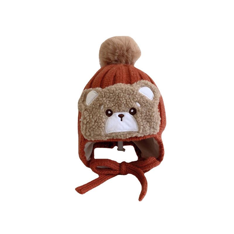 Autumn and Winter Baby Hats Cute Big Wool Ball Knitted Children's Ear Protection Hat Super Cute Little Bear Double-layer Warm Woolen Hat