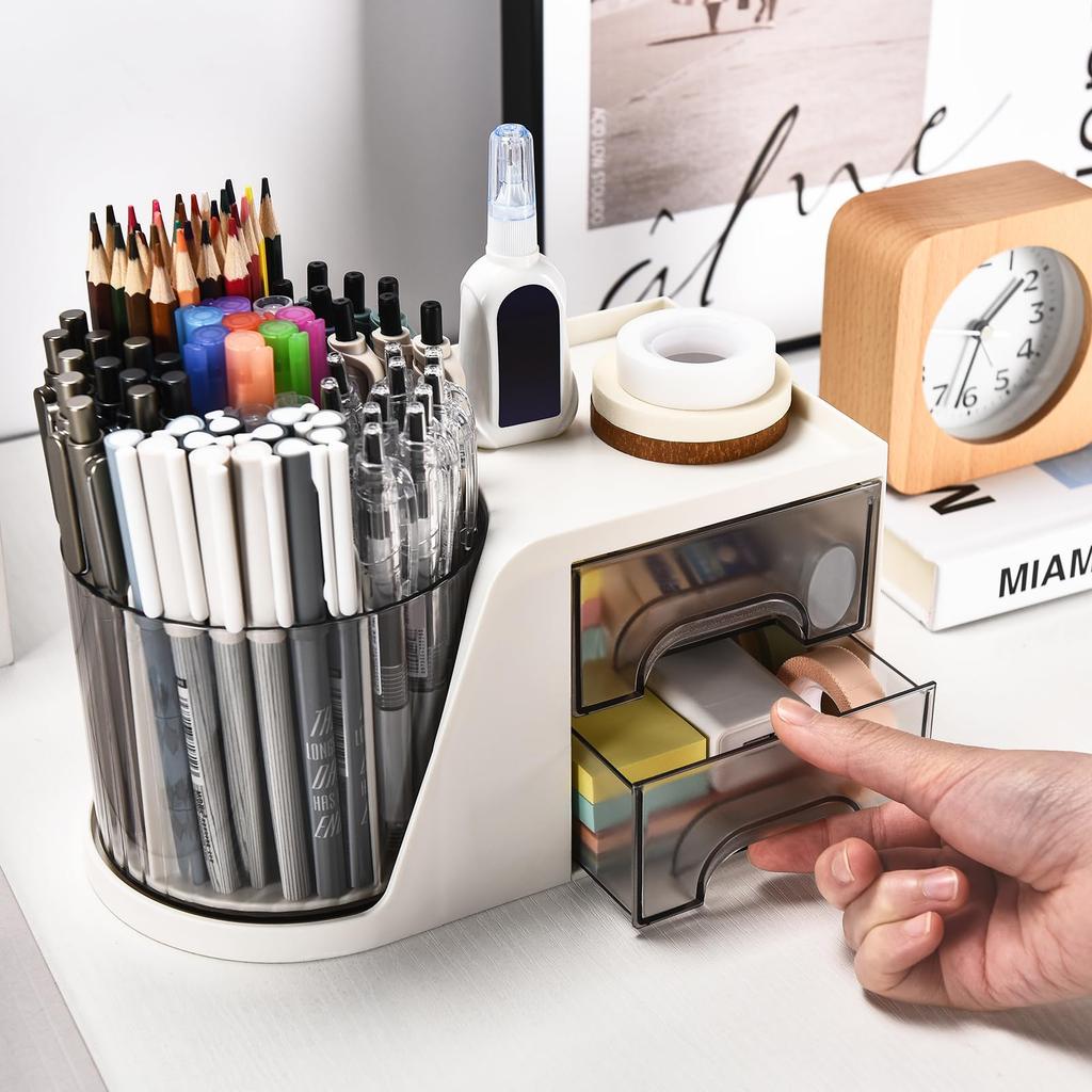 1pc Desk Organizer with 2 Drawer, Rotating Pen Holder for Desk, Desk Organizers and Accessories for Office Home Art Supplies