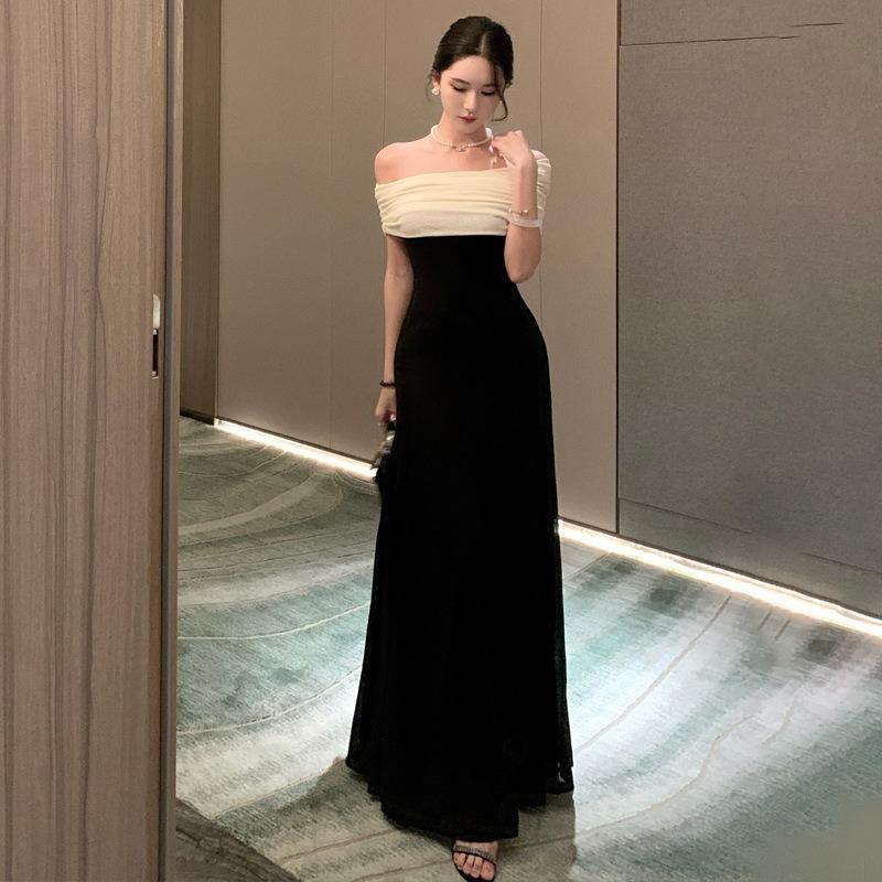 New French High-end Birthday Party Dress Black and White Contrasting Color Splicing One-word Shoulder Pure Desire Dress