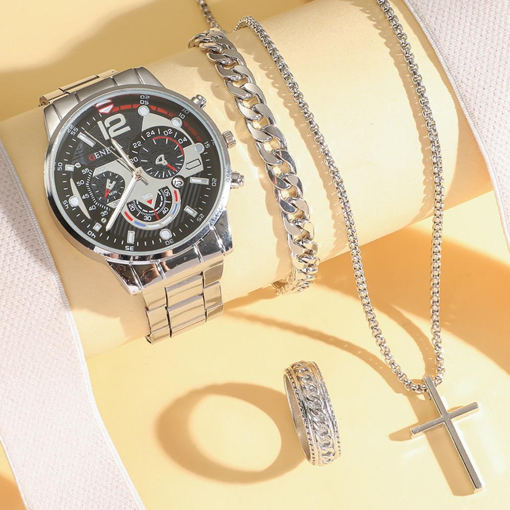 Fashion Business Men'S Watch Calendar Watch Men'S Steel Strap Watch Business Bracelet Set