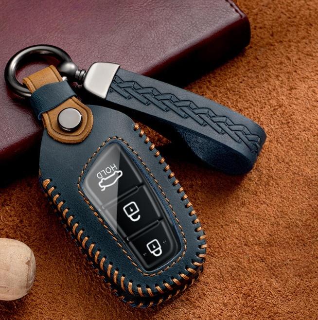 Leather Car Key Case Cover Holder Fob For Hyundai Grandeur HG Sedan Santa Fe 3DM Grand SantaFe 2018 IX45 EQUUS Azera Genesis G80