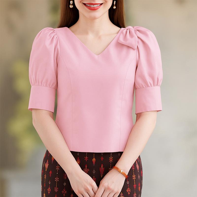 ZANZEA Damen V-Ausschnitt Einfarbig Lässige Kurzarmbluse