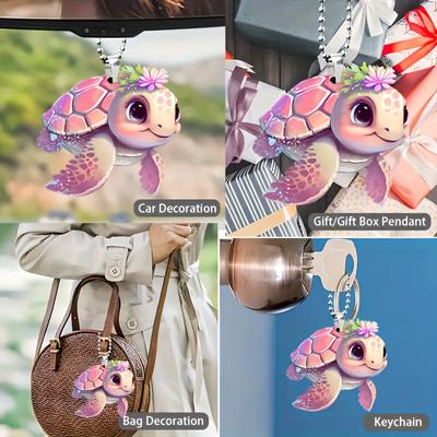 1 Stück Rosa Blume Schildkrötenmuster 2D Flacher Acryl-Anhänger, Auto Rückspiegel Dekorativer Anhänger, Taschen- & Schlüsselanhänger-Zubehör