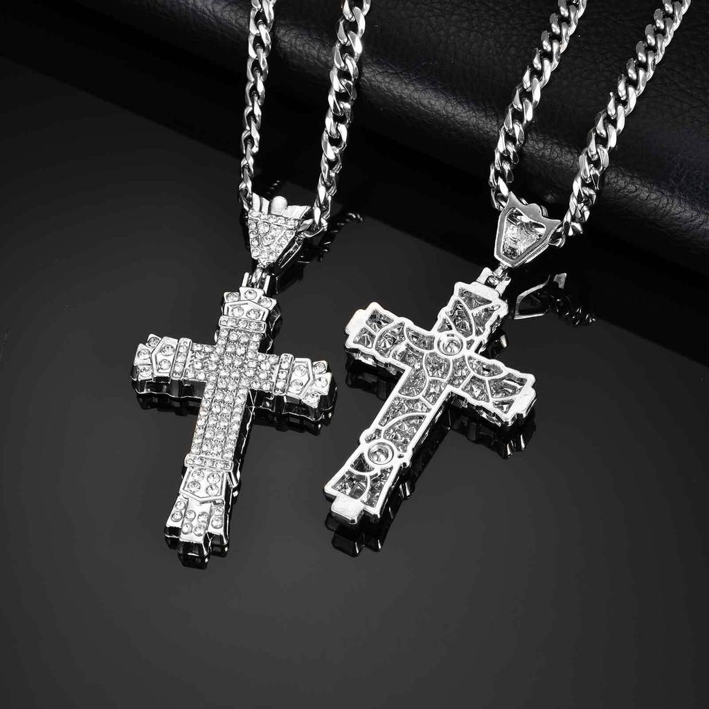 Hiphop Rhinestone Cross Necklace for Men Boys,Punk Rap Street Cool Cross Metal Pendant Necklace,Birthday Gift for Husband Dad