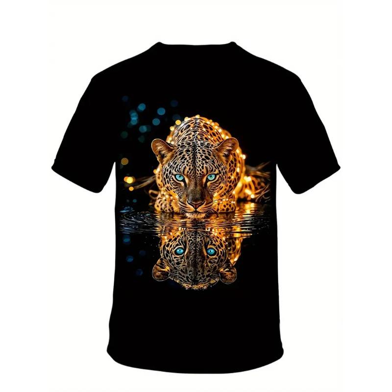 Men's Leopard Print T-shirt Sports Short Sleeved Crew Neck T-shirt for Summer Outdoor Fitness Workout Men's Clothing