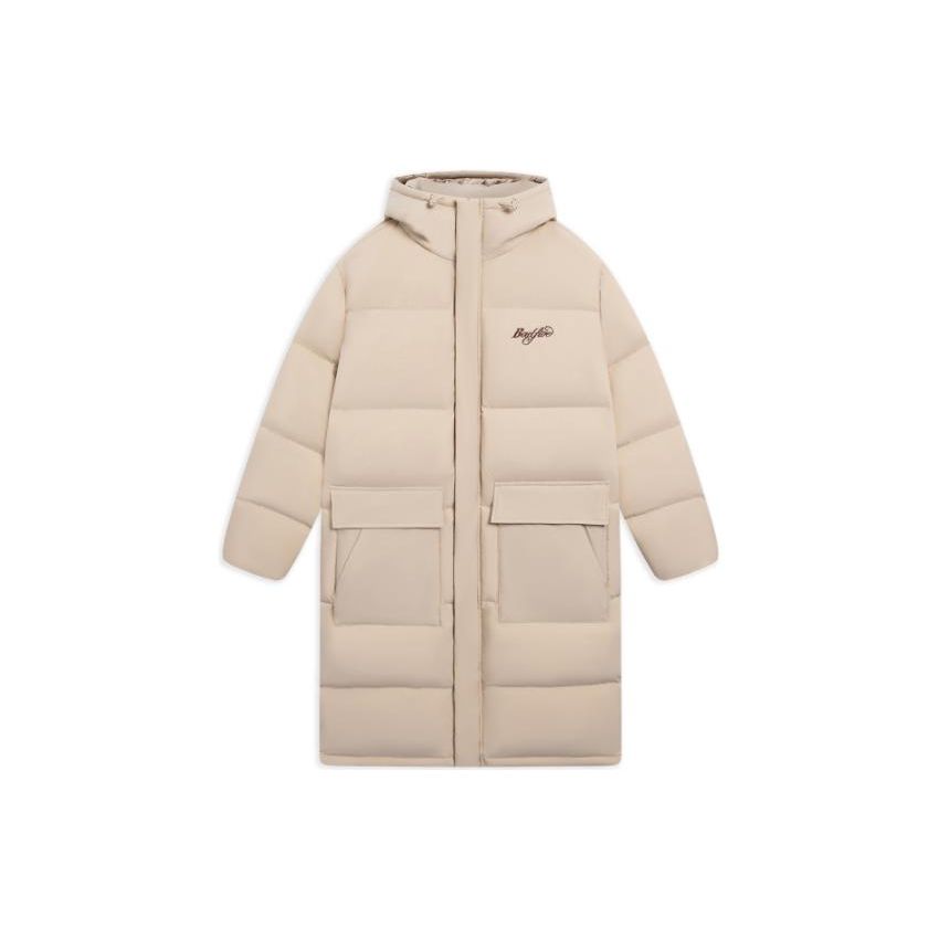 Li Ning Sports Basketball Series Logo Embroidered Stand Collar Long Hooded Down Jacket Men Outerwear Milk-Brown AYMS045-1