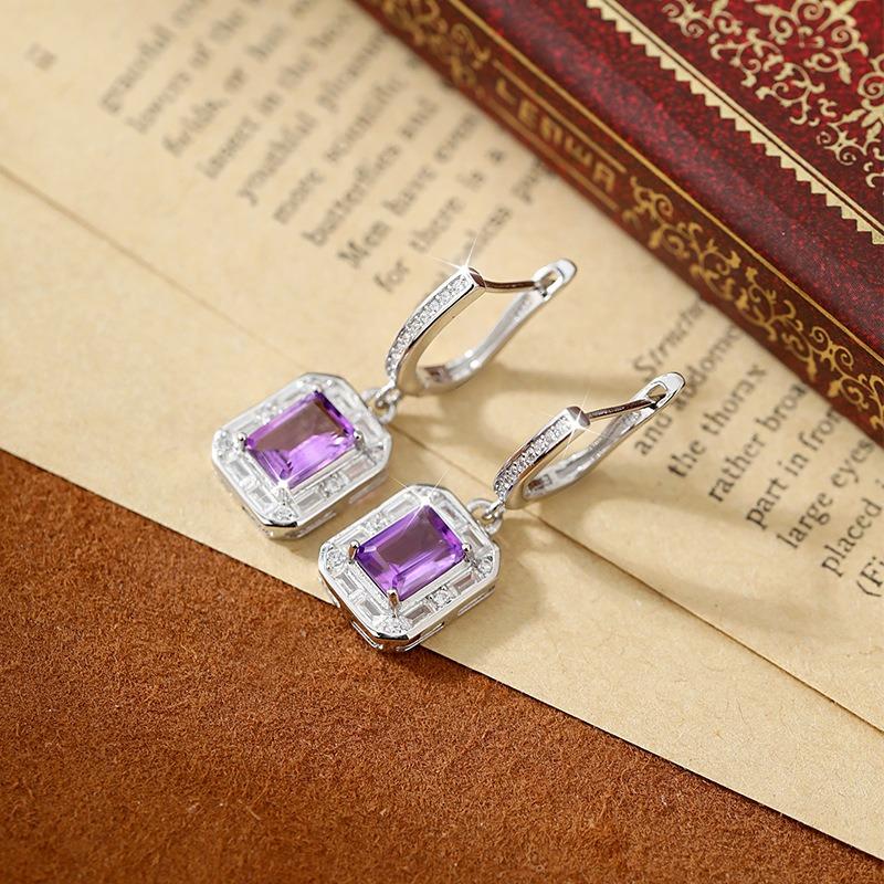 Natural Crystal Square Ear Buckle S925 Sterling Silver Premium Earrings Women Fine Jewelry Gift