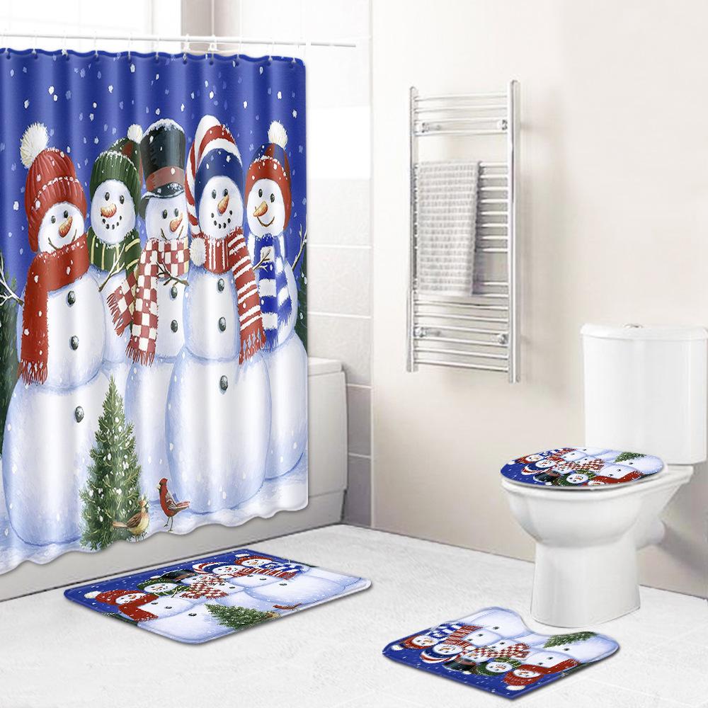 Christmas Shower Curtain Floor Mat Combination Four-Piece Set Bathroom Toilet Carpet Shower Room Mat Foot Mat