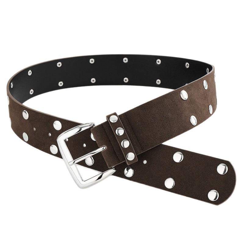 Womens Punk Style Hollow Out Double Row Dot Decorative Belt With Pin Buckle PU Leather Waistband Casual Fashion