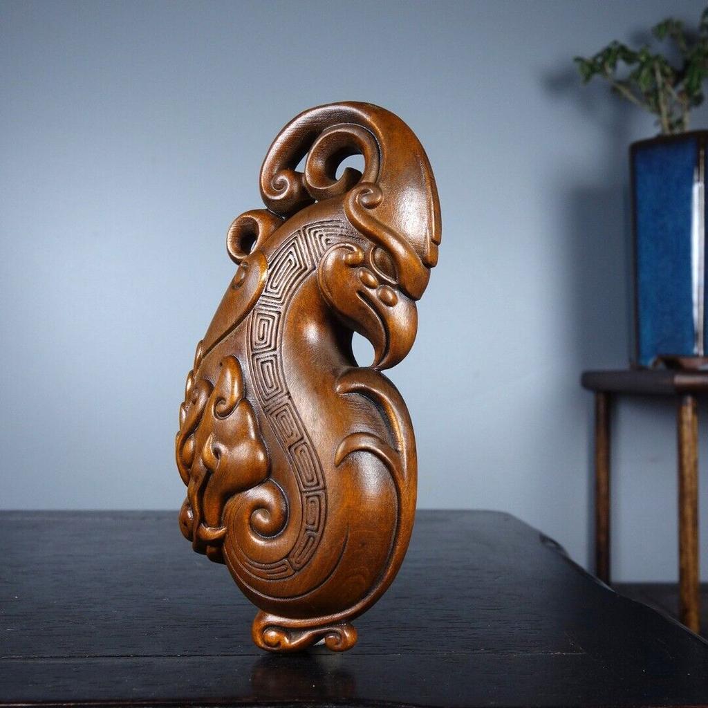 Chinese Boxwood Wood Carved Exquisite Dragon Phoenix Statue Wooden Figurines Art