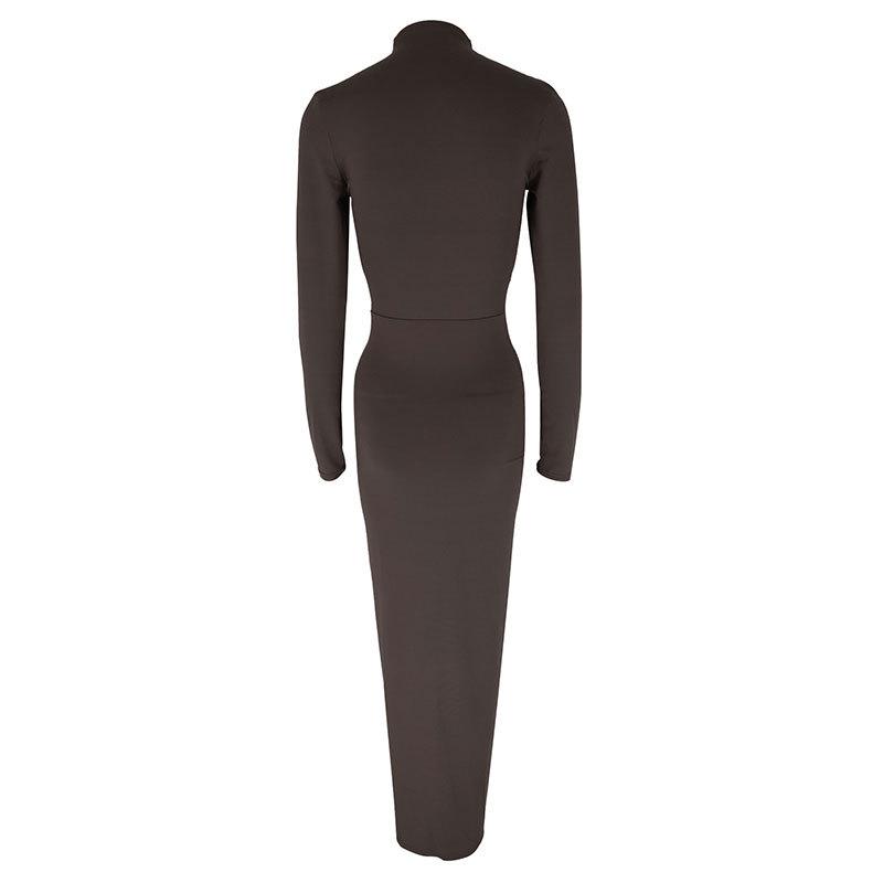 AC610 European & American Style Sexy Waist-Cinching Slim Solid Color Pleated Long Dress