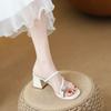 Rhinestone set of toe slippers for women to wear summer new versatile thick heel thin strap square head word with cool slippers