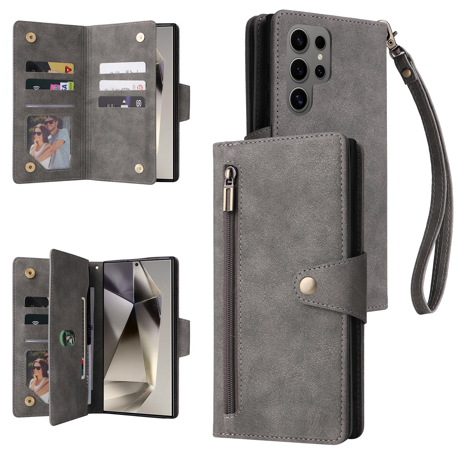 

For Samsung Galaxy S25 Ultra Case Zipper Wallet Leather Stand Phone Cover Rivet Decor Grey