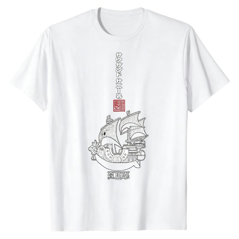 

Футболка с рисунком Thousand Sunny (One Piece) Японский линейный рисунок Графический принт Чистый хлопок Круглый вырез Минималистичные повседневные топы S