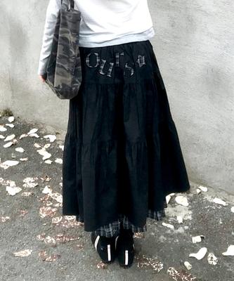 Awoseiawo Ours Check Color Block Shirred Long Skirt Black