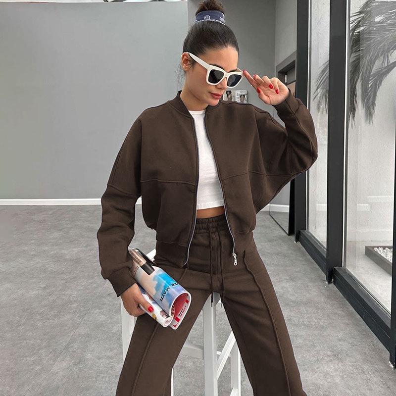 Autumn/Winter Women's Fleece-Lined Zipper Cardigan & Solid Color Straight-Leg Pants Set