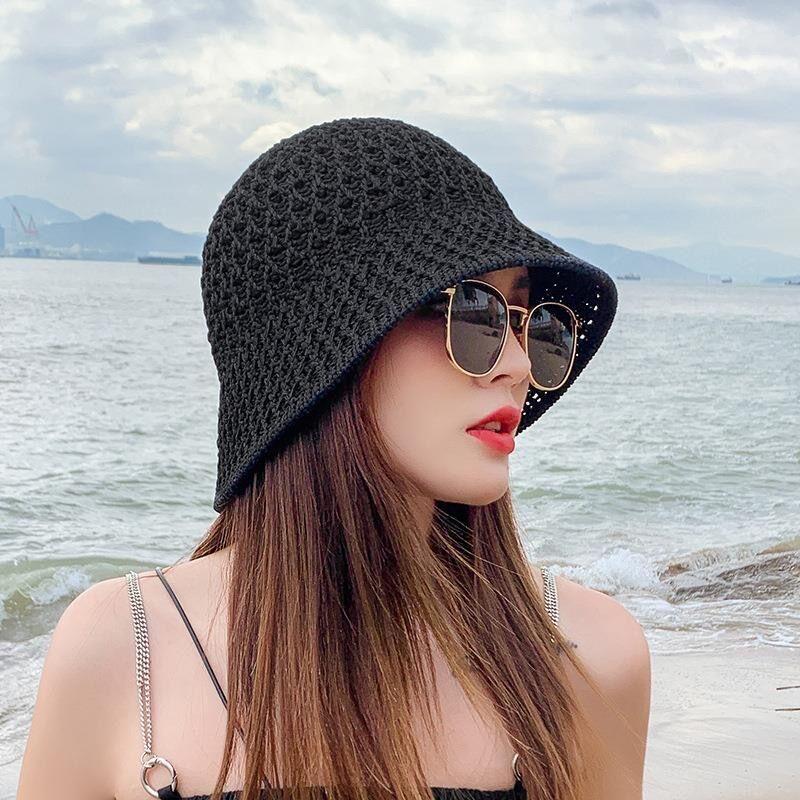 New Summer Handmade Hollow Knitted Crochet Floppy Hats Collapsible Dome Bucket Hat Solid Color Beach Caps Simple Soft Women Hat