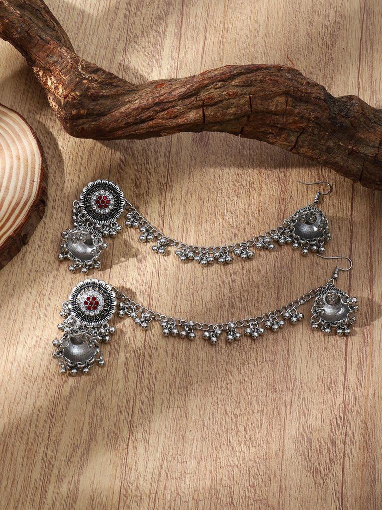 Indian Bohemian Rhinestone Tassel Earrings & Hair Chain Set
