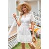 Female V-neck Hollow Lace Pleated Short Sleeved Dress