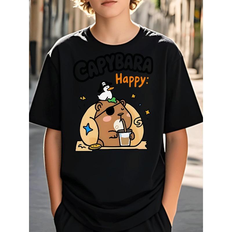 Boys Pirate Capybara Duck Bubble Tea Star Print Crewneck Tee, Casual Daily Holiday Gift