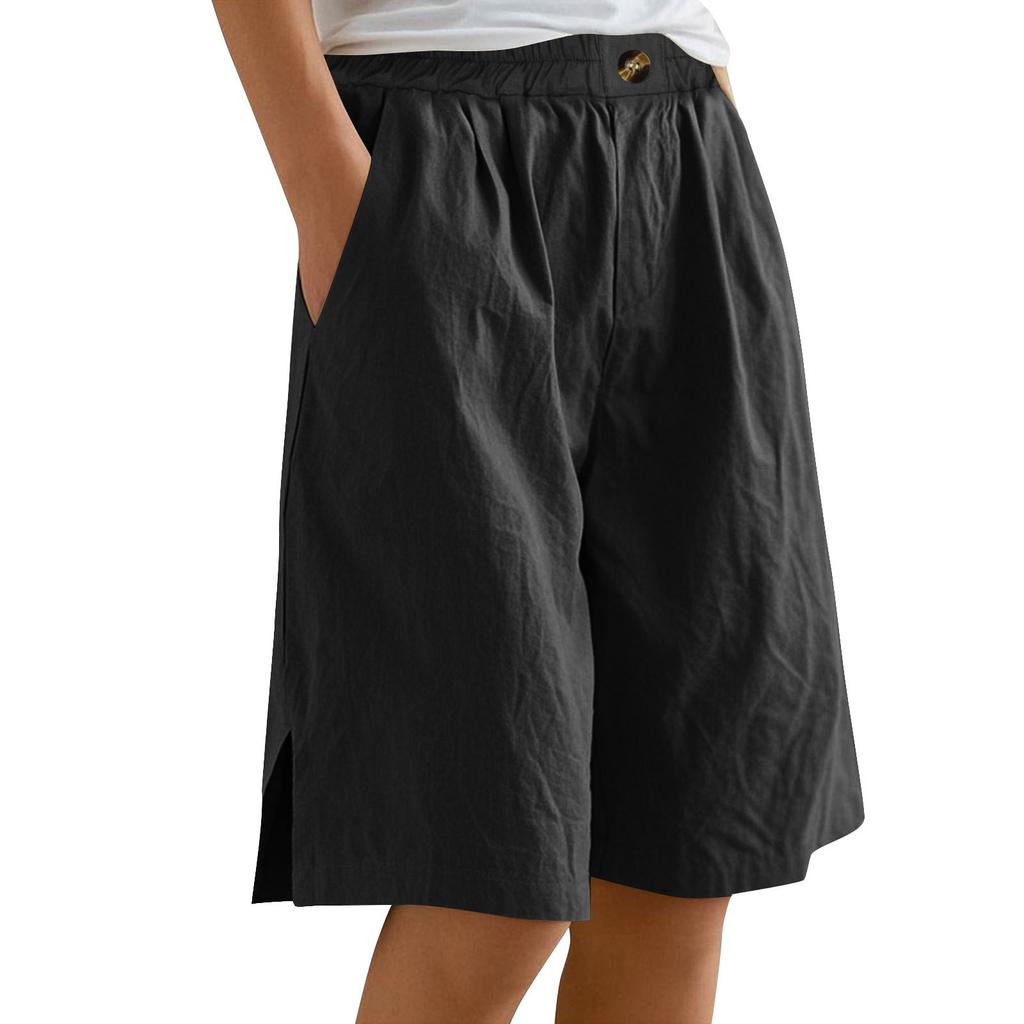 Women's Fashion Solid Color Pants Pocket Button Up Capris Loose Elastic Waist Cotton Linen Shorts