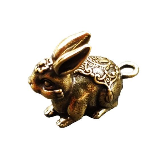 Vintage Realistic Brass Zodiac Animal Rabbit Miniature Keychain Pendant Car