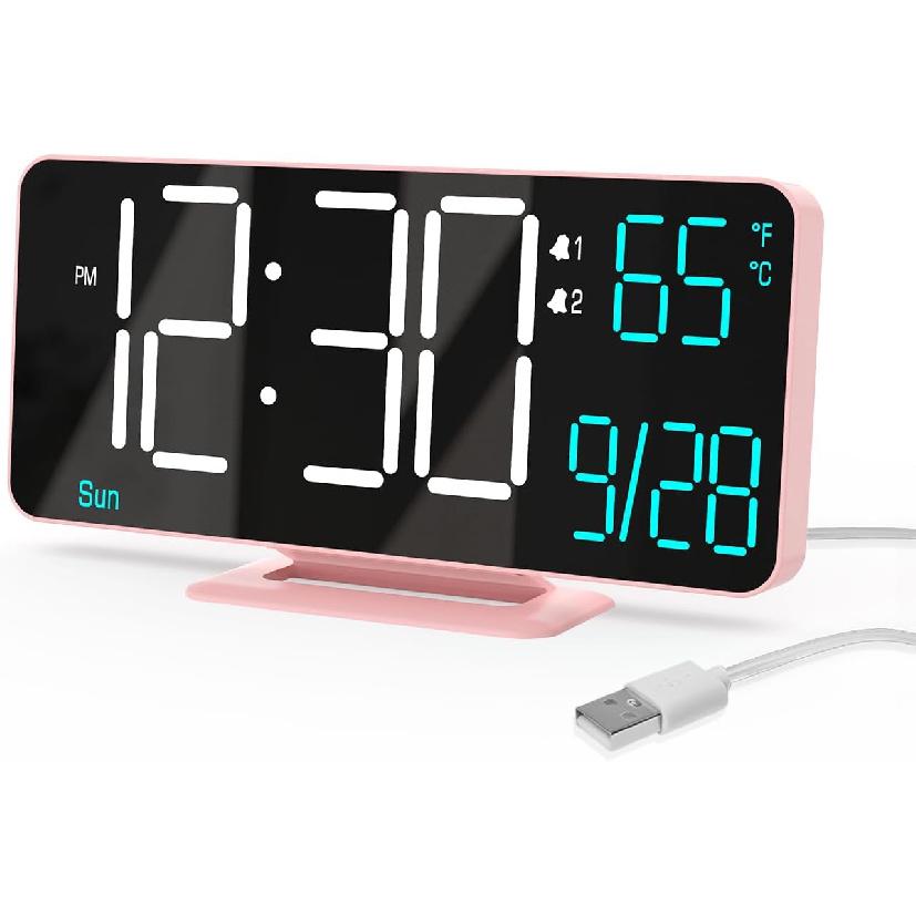 KOSUMOSU Digital Clock for Bedroom 6.7in Small Digital Alarm Clock Black, Dimming,12/24h,Date,Day of Week, Indoor Temperature,Desk Clocks for