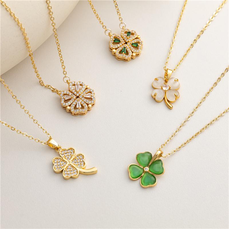 18K Gold Zirconia Four-Leaf Clover Luxury Necklace with Diamonds