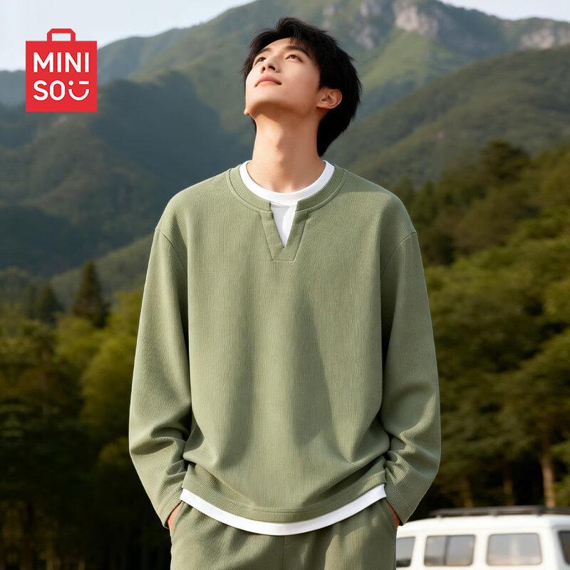 MINISO Men s Waffle Faux Two-Piece V-Neck Long Sleeve T-Shirt L
