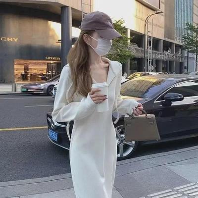Trendy French White Hooded Sweater Dress for Women - New Spring/Autumn Long Style