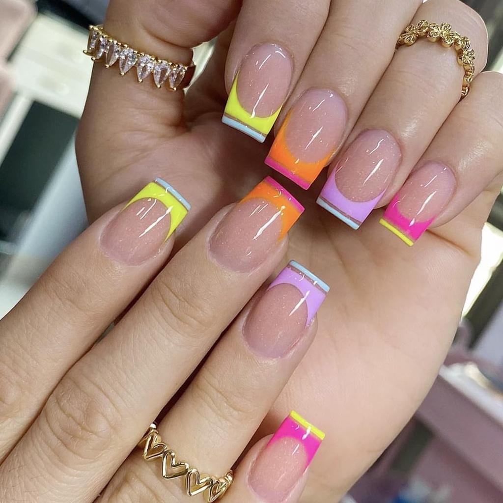 Line French Tip Square Shaped Press on Nails Medium Fake Nails Glossy Acrylic Nails Press ons with Rainbow Colorful Design French False Nails