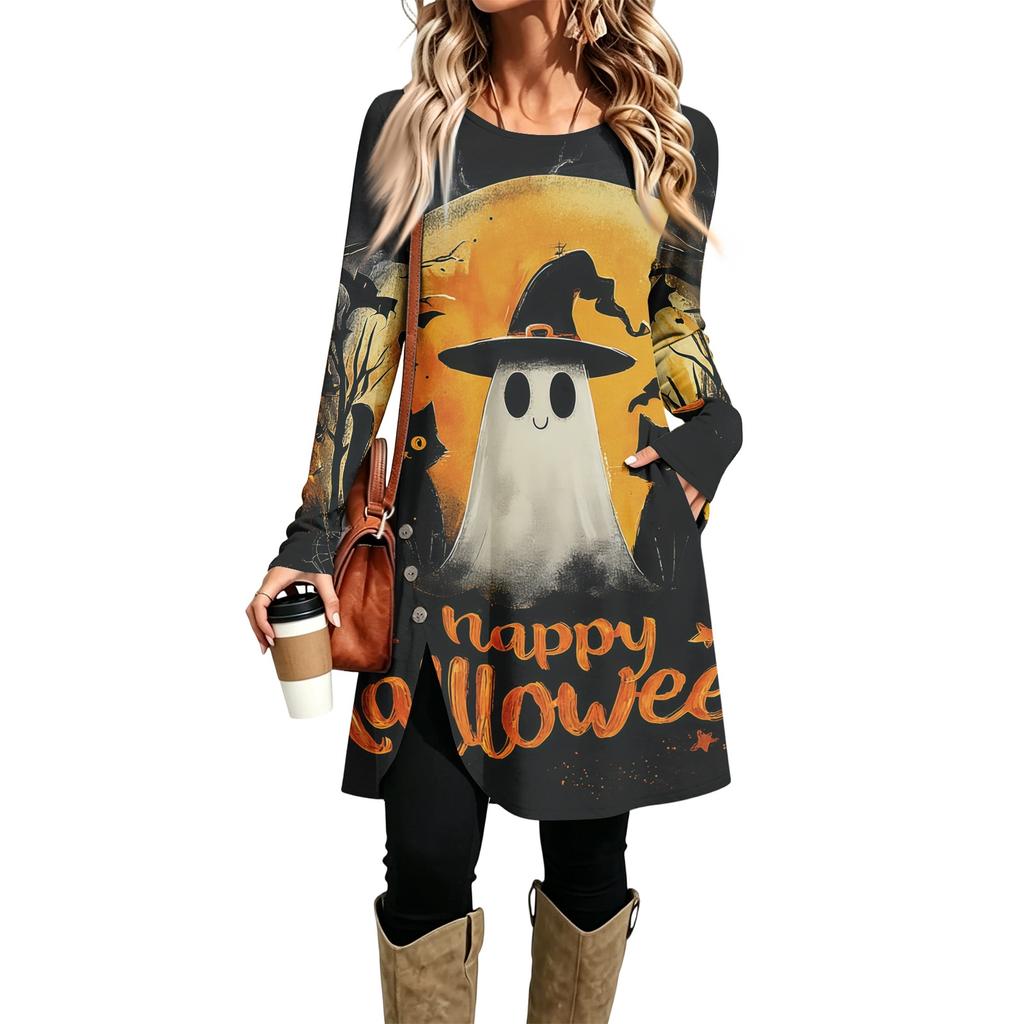 Women's Casual Printed Long Sleeve Round Neck Dress for Everyday Fashion