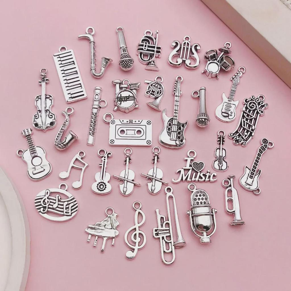 Mixed 30-Piece Musical Instrument Alloy Pendant Set with Guitar, Notes, and Mini Music Jewelry Accessories