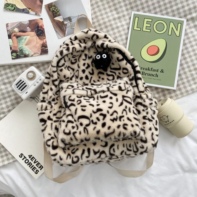 Personality Fashion Leopard Fluffy Rucksack Y2k Preppy Casual Harajuku Backpack High-Capacity Vintage Grunge Students Schoolbags