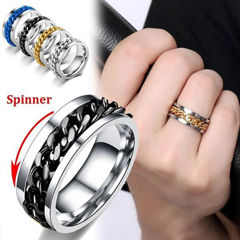 Anxiety Fidget Ring For Men Punk Titanium Stainless Steel Black Blue Spinning Spinner Rotatable Chain Rotating Rings Homme Gift