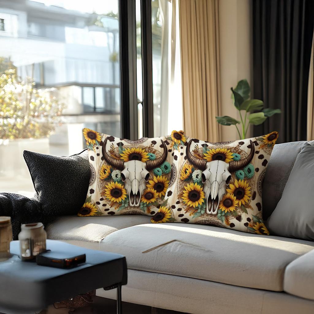 Vintage Western Cow Skull Throw Pillow Boho Sunflower Turquoise Print Decorative Cushion For Sofa Bedroom Living Room Cushion