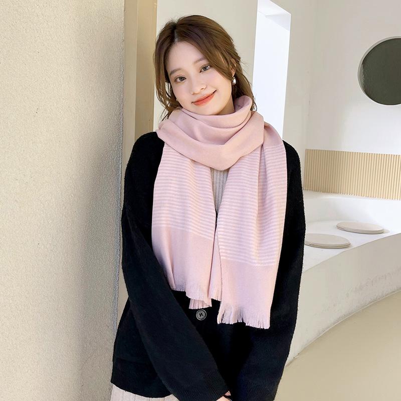 Solid Color Scarf Women's 2025 New Striped Printing Warm Imitation Cashmere Scarf Sweet Fashion Shawl