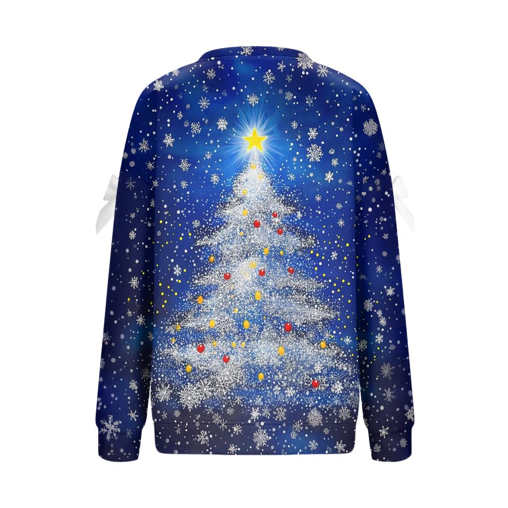 Ladies' Christmas Printed Bow Round Neck Long Sleeved Loose Pullover Sweater Sweatshirt Top