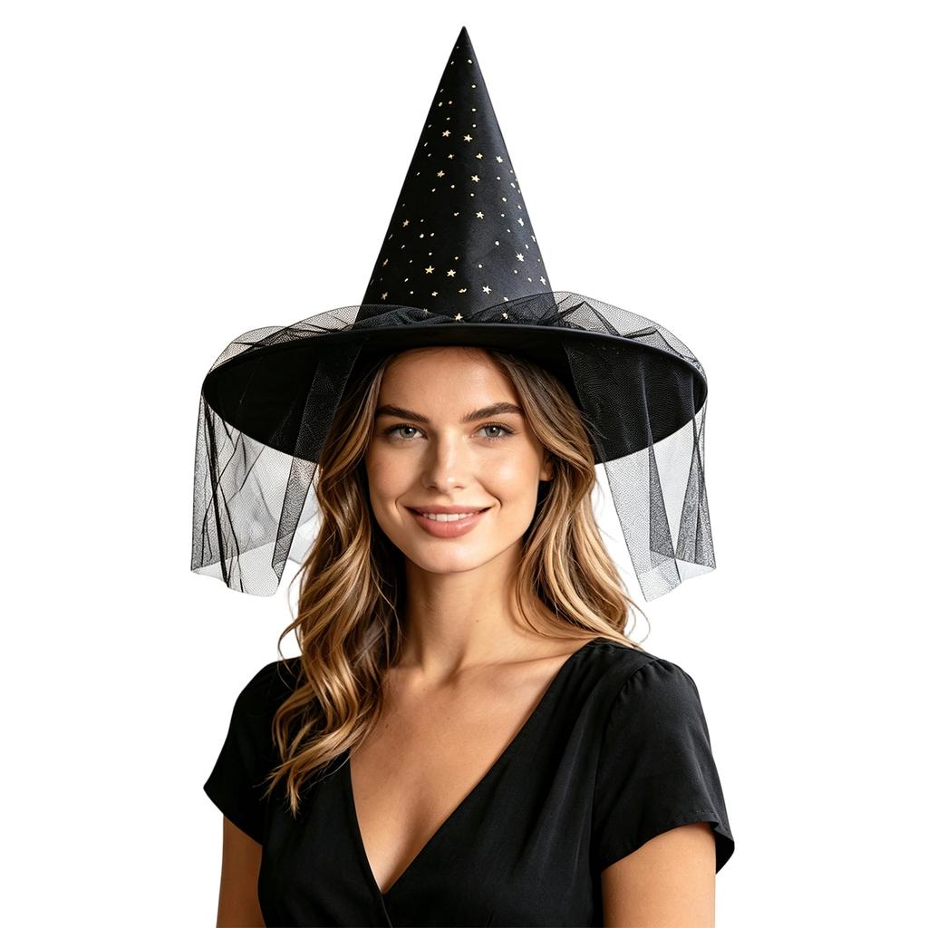 Women's Witch Hat with and Tulle for Halloween Costume Party, Adult Dress-Up Accessory
