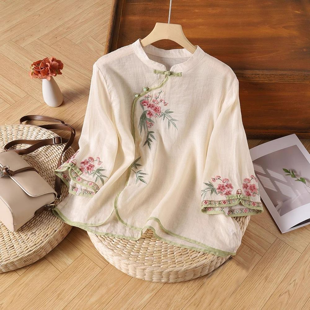 Summer Women's Loose Embroidery Shirt Artistic Ethnic Style Retro Seven Quarter Sleeved Shirt Top