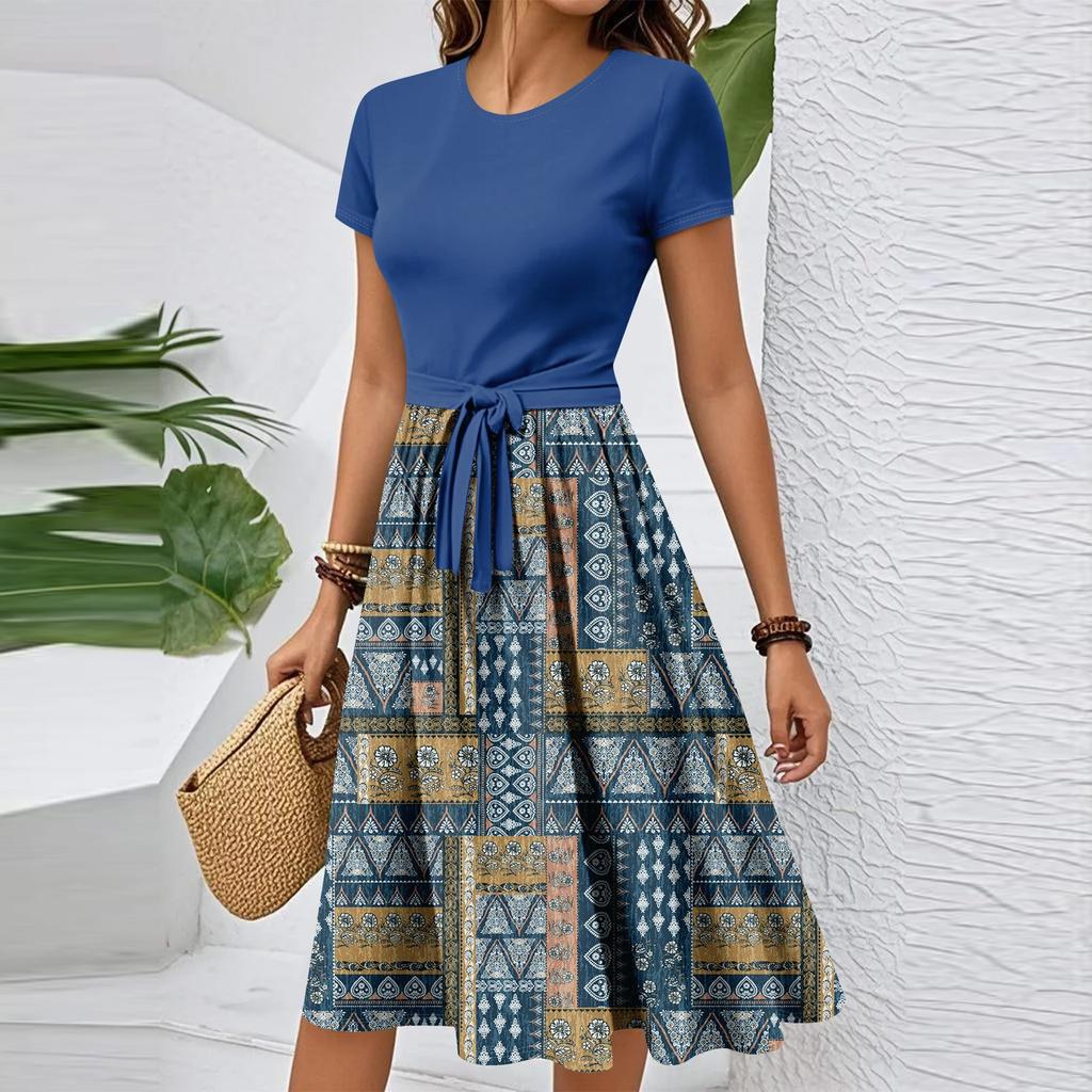 Damen Casual Mode Gürtel Vintage Bedruckt Kurzarm Rundhals Elegantes Kleid