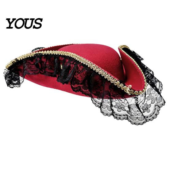 Captain Hat Halloween Pirate Hat, Costume Accessory, with Burgundy Lace Prop And Feathered Decor, Lightweight Vintage Style Buccaneer Cap Comfortable