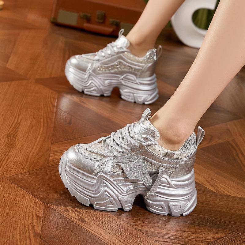 Fashion 9CM High Platform Mesh Microfiber Leather Sneakers Leisure Sports Shoes Women's Vulcanize Shoes Bling Rhinestones Shiny Sneakers