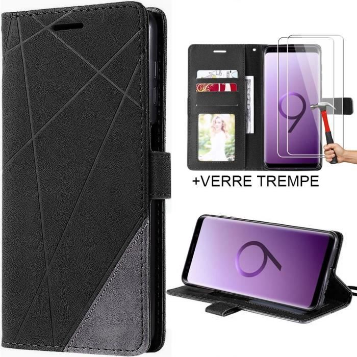 Coque pour Samsung Galaxy S9 - Protection Support Noir Effet Cuir et 2 Verres Trempés