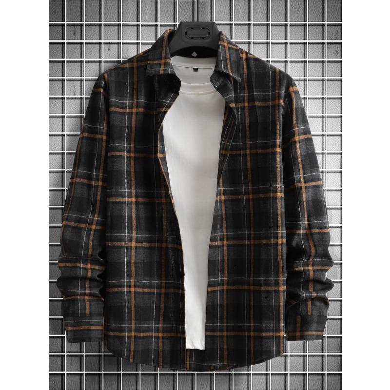 Мужская винтажная клетчатая фланелевая рубашка с длинным рукавом, осенняя, черная, коричневая S чёрный