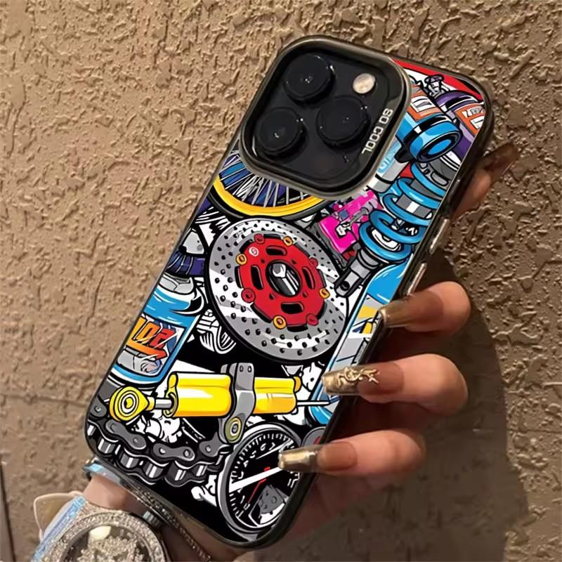 Mechanical Gear Pattern Electroplate Silver IMD Phone Case For iPhone 11 12 13 14 15 16 Pro Max 16E 7 8 Plus X XS XR SE2 Cover