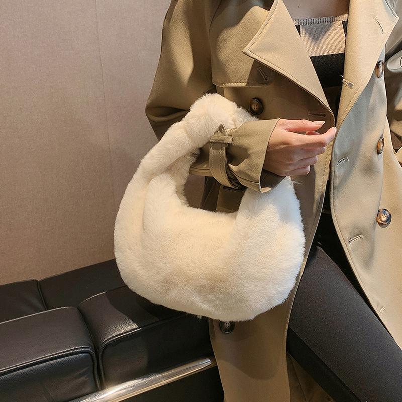 Yogodlns Fur Women's Small Half Moon Bag Luxury Warm Plush Wrist Bags for Women Fashion Furry Short Handle Clutch Cute Ladies Coin Purses