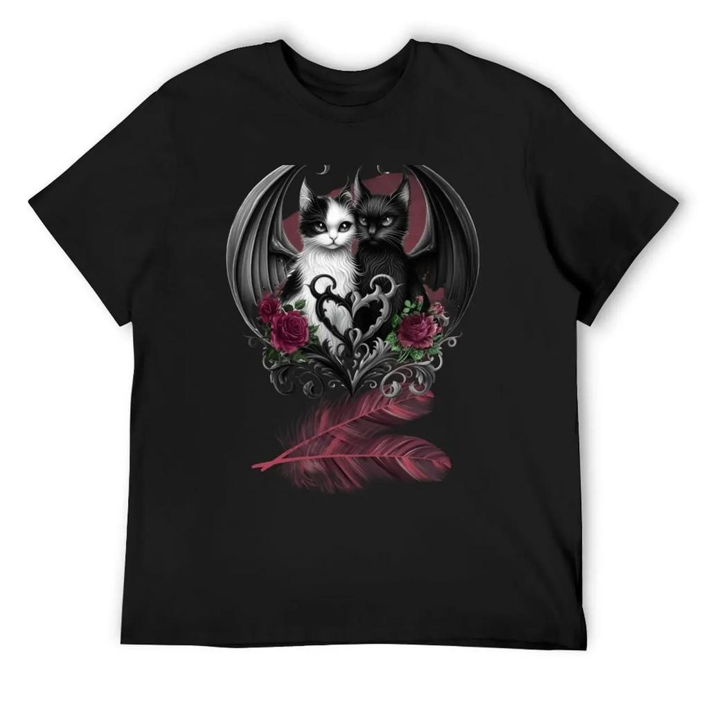 Gothic Cats and Roses Valentine Black T-Shirt cotton man t-shirts customizeds summer 2025 mens shirts graphic tee